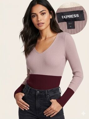Express Colorblock Ribbed V-Neck Sweater - Mauve & Burgundy